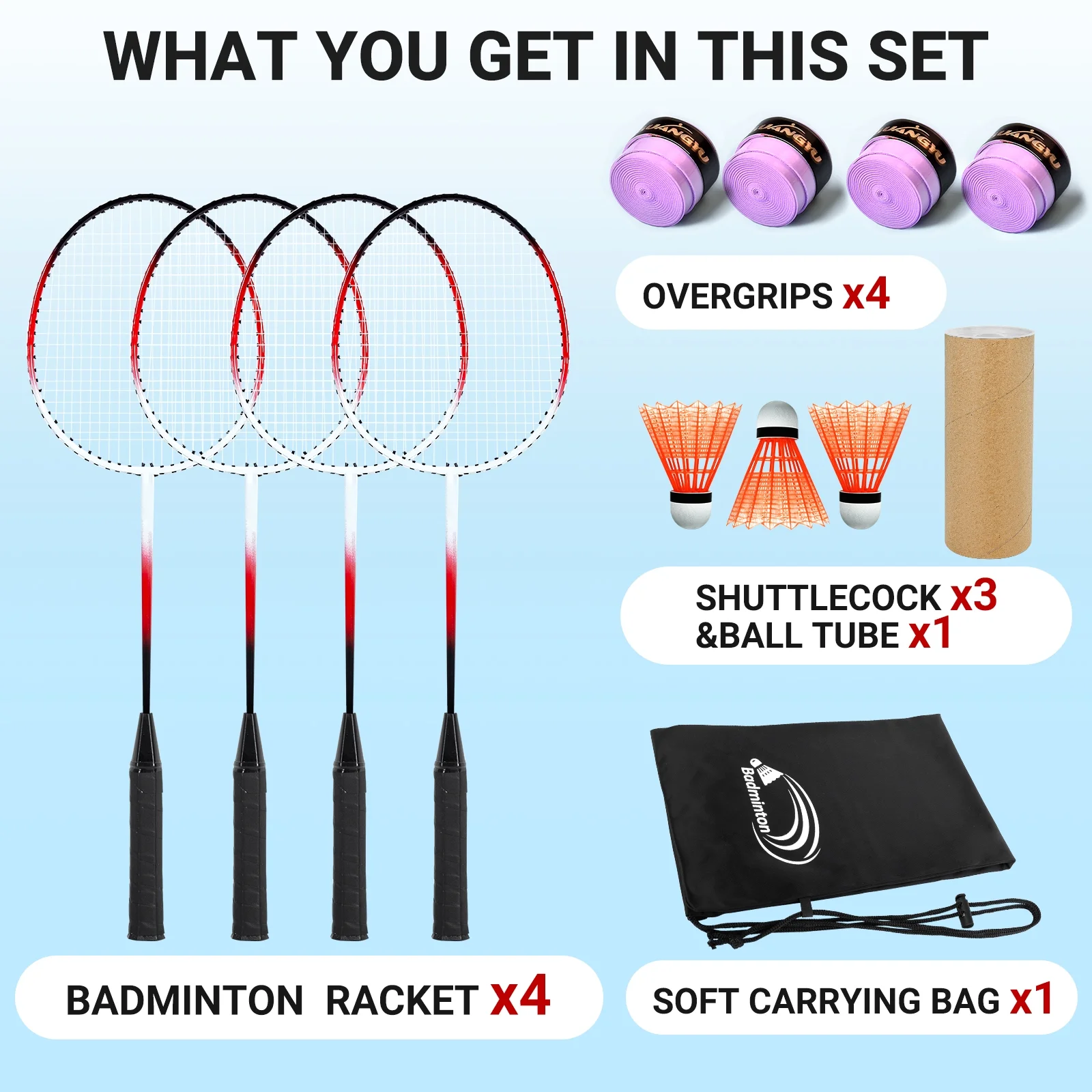 CureCalor Badminton Racket Set for 4 Players, 4 Racquets, 3 Shuttlecocks with Carry Bag